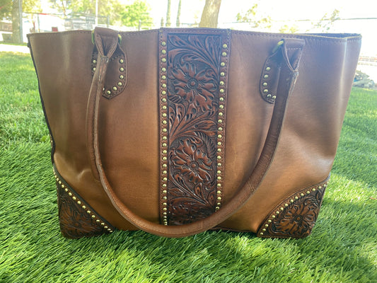 Tooled Flower Strip Handbag