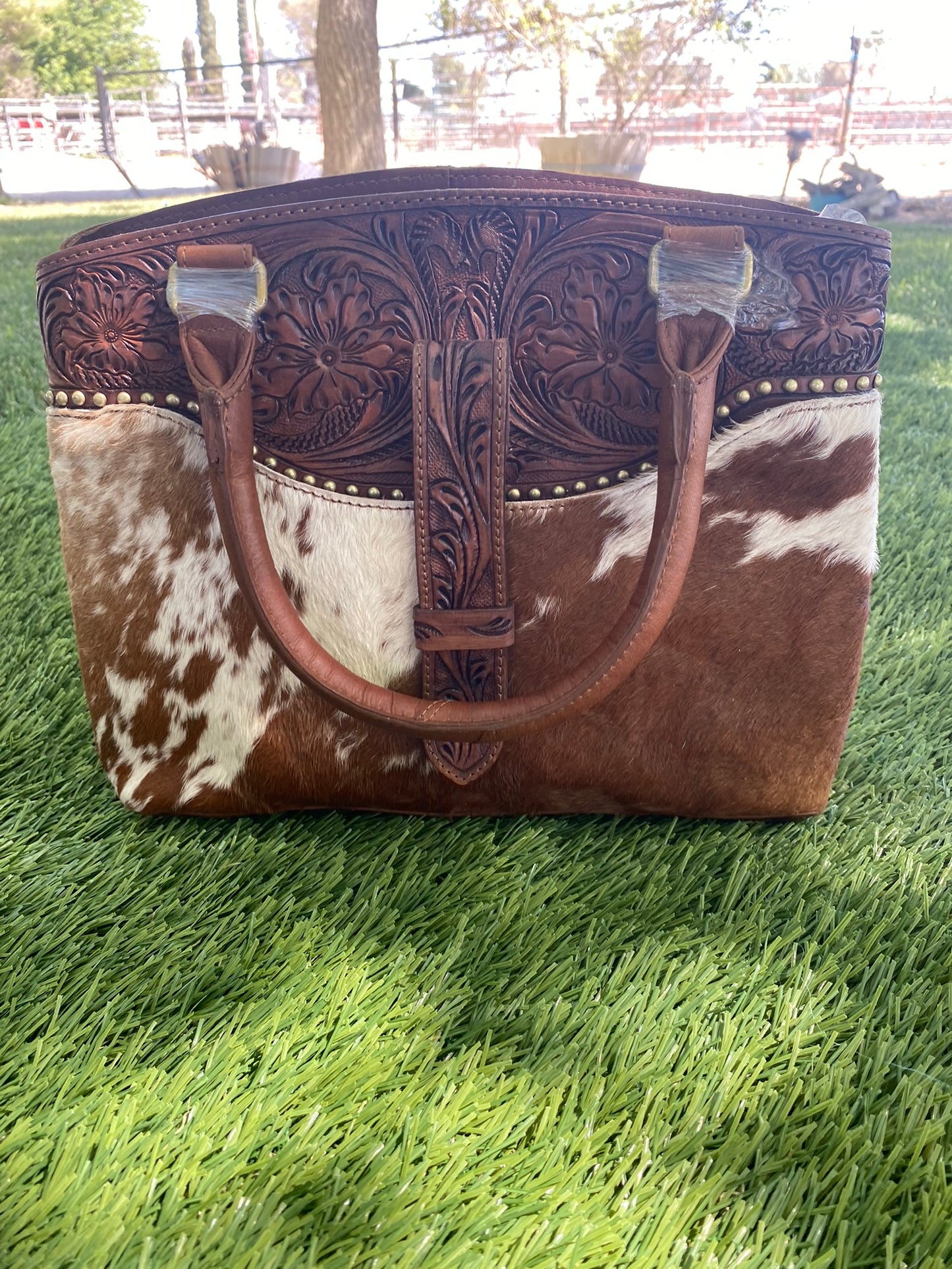 Brindle Cowhide Handbag With Tooled Accent