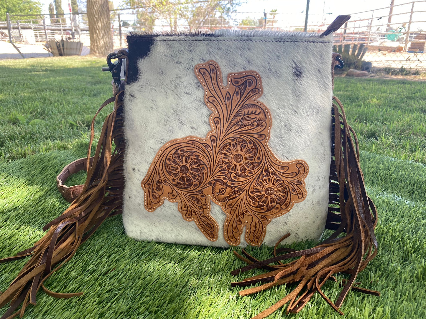 White Cowhide With Fringe & Tooled Accent