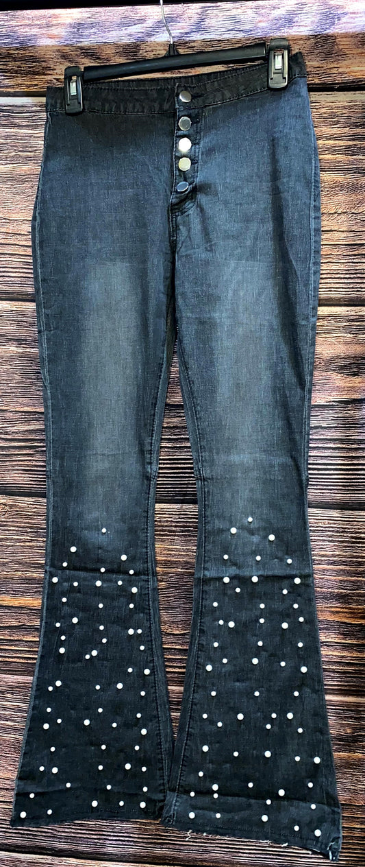 Black Faux Pearl Flare Jeans