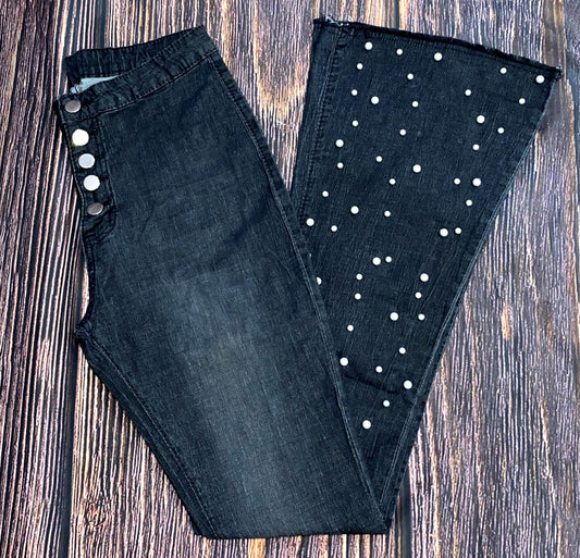 Black Faux Pearl Flare Jeans