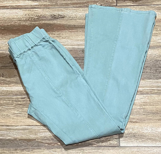 High Rise Elastic Waist Flare Jeans - Green