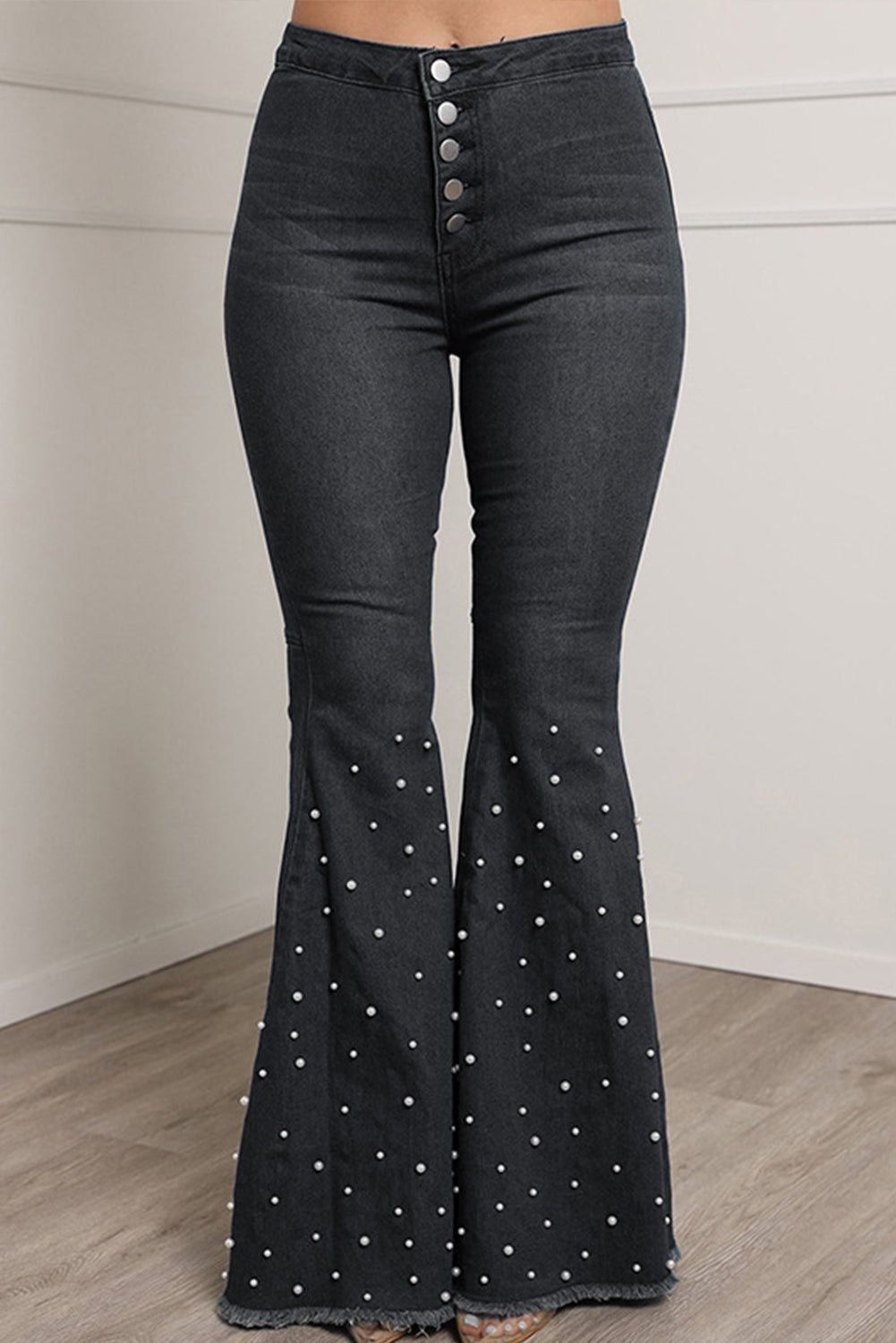 Black Faux Pearl Flare Jeans